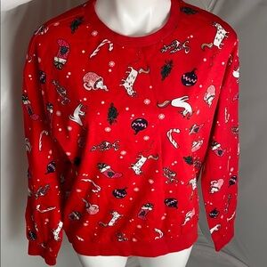 Divided red multicolor Christmas unicorn long sleeve crew neck sweatshirt